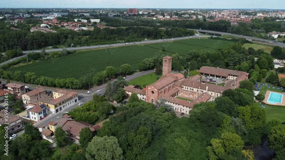 Aerial view of Pavia, Italy: San Lanfranco romanic church and city skyline on the background Aerial view of Pavia, Italy: San Lanfranco romanic church and city skyline on the background