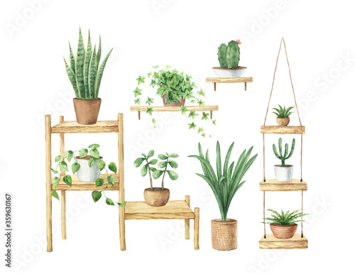 Watercolor vector aesthetic room decor. Boho cozy home clipart.
