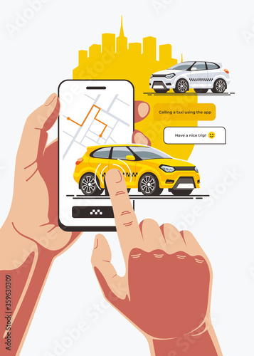 Yellow taxi car arrives at a order made using a mobile application on a smartphone. Cab moves from the device screen to the desired point with one touch. (ID: 359630309)