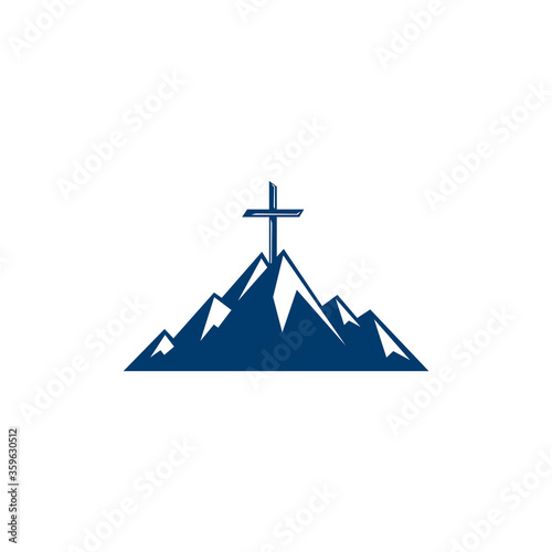 Baptist cross in mountain logo design. Cross on top of the mountain. Church and Christian organization logo.	