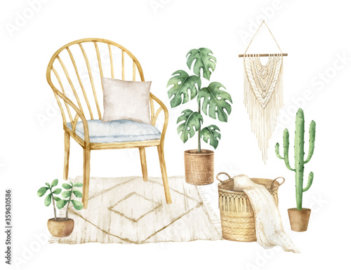 Watercolor vector aesthetic room decor. Boho cozy home clipart.