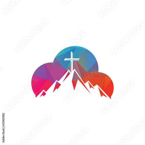 Baptist cross in mountain logo design. Cross on top of the mountain and cloud shape logo.  Church and Christian organization logo.	