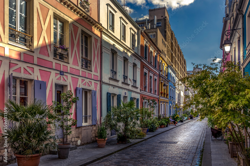 Rue Crémieux, Paris, France - May 19, 2020: Rue Cremieux in the 12th Arrondissement is one of the prettiest residential streets in Paris. - obrazy, fototapety, plakaty 