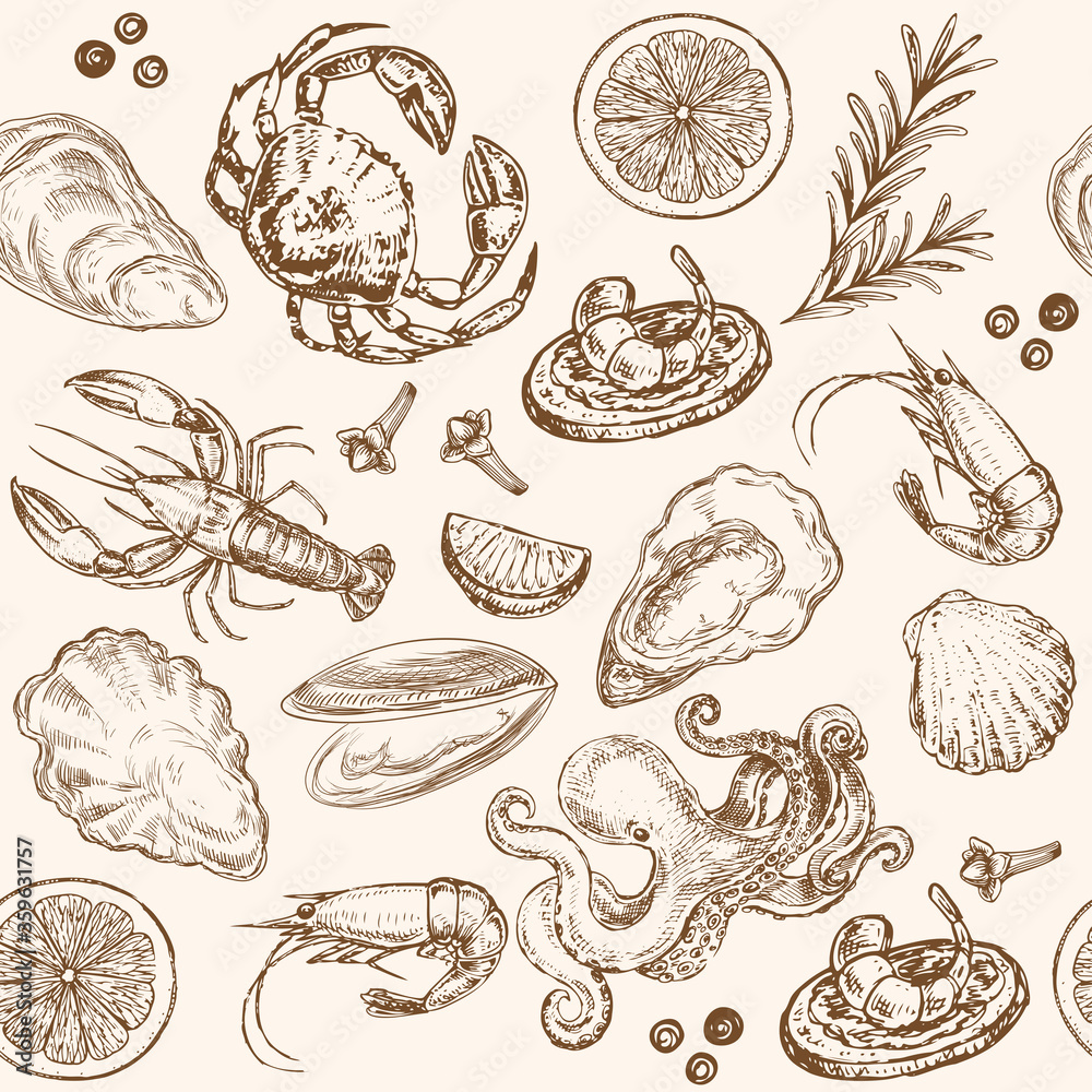 Hand drawn sketch illustrator with seafood set retro style. Salmon, octopus, oysters and shrimp seamless pattern background