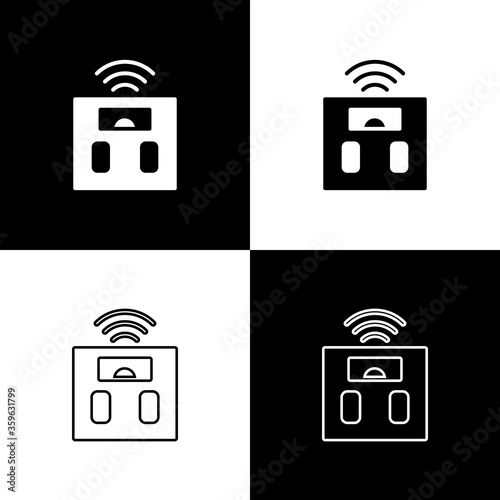 Set Smart bathroom scales icon isolated on black and white background. Weight measure equipment. Internet of things concept with wireless connection. Vector.