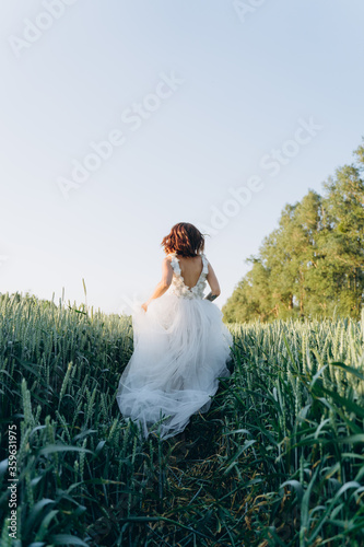 back view of attractive young woman in long white dress standing in the field 