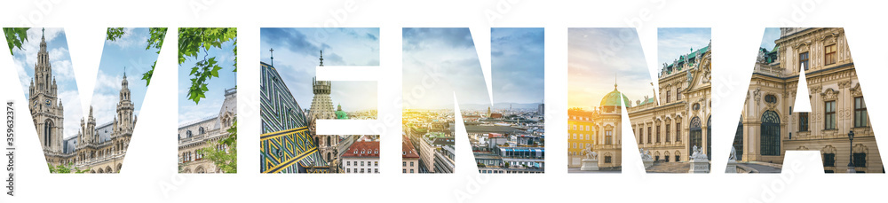 The inscription Vienna isolated on a white background. Design element for the theme of tourism, travel. Sights of Vienna, the capital of Austria.