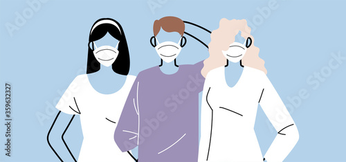 group of people in protective medical face masks, woman and man wearing protection from coronavirus