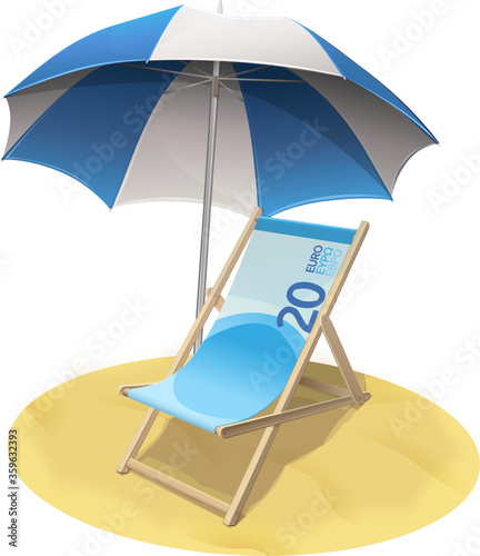 Chaise longue billet de banque de 20 euros sur la plage (détouré)