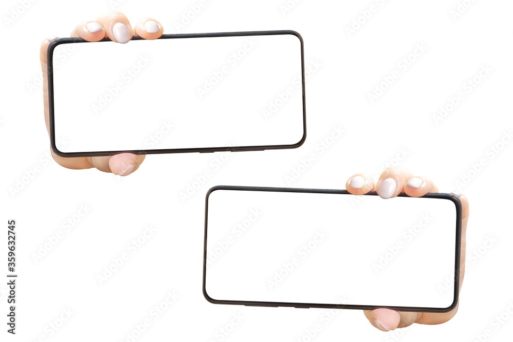 Woman's hand shows mobile smartphone with white screen in horizontal position. Mock up mobile. isolated on white background Woman's hand shows mobile smartphone with white screen in horizontal position. Mock up mobile. isolated on white background