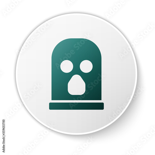 Green Balaclava icon isolated on white background. A piece of clothing for winter sports or a mask for a criminal or a thief. White circle button. Vector.