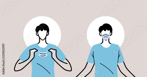 how to wear a mask correct, men presenting the correct method of wearing a medical mask