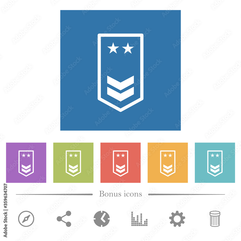 military insignia with two chevrons and two stars flat white icons in square backgrounds