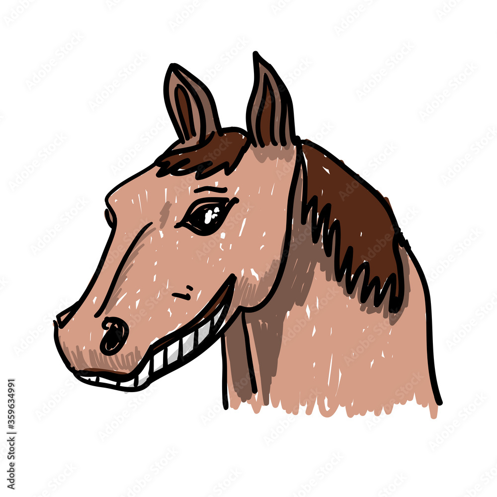 Colorful cute vector horse face smiling. One object on a white background. Cartoon flat illustration. Emoji funny pet animal. Embarrassed smile emotion. Template icon. Logo, sticker.