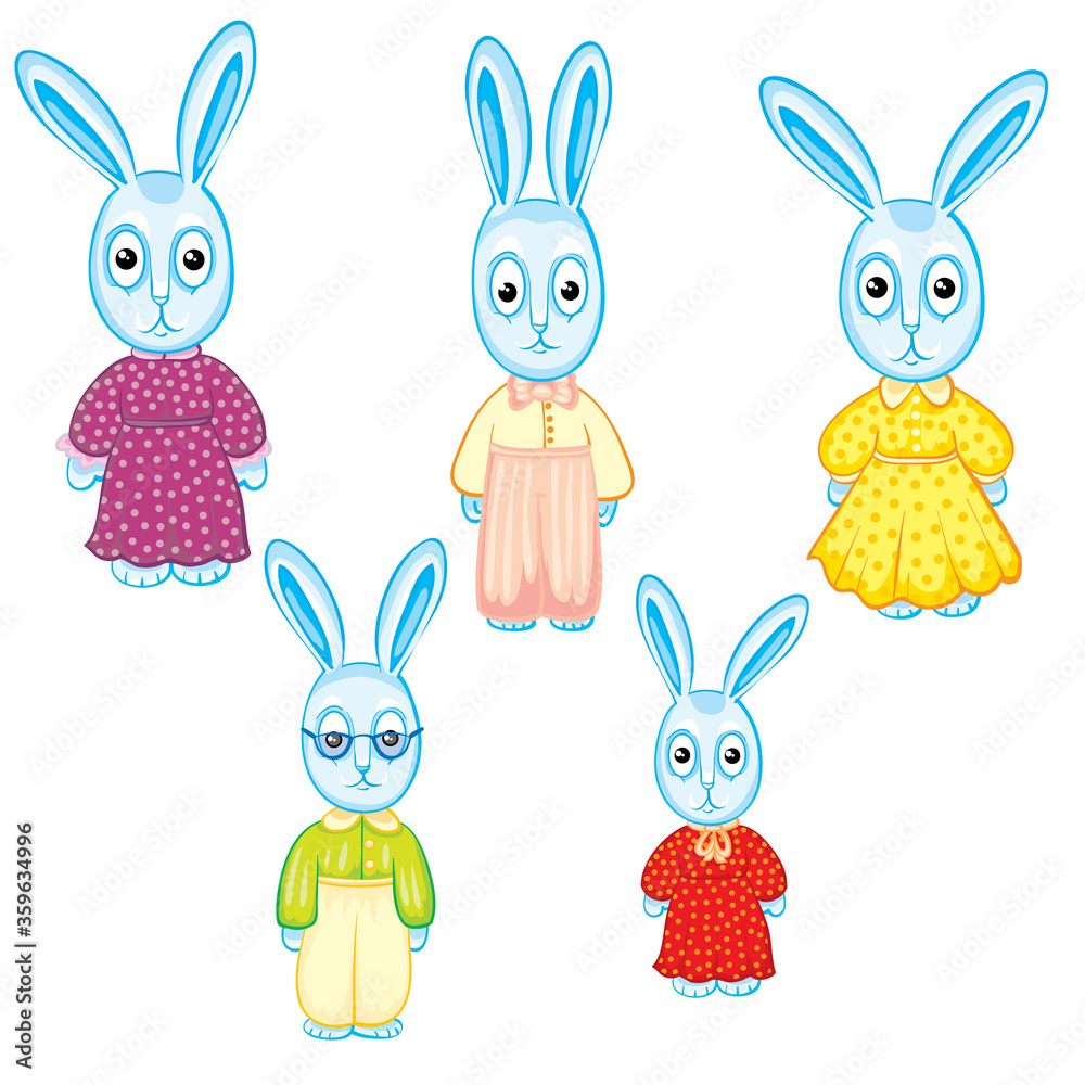Obraz premium set of hares of children who are dressed in different clothes, isolated object on a white background, vector illustration,