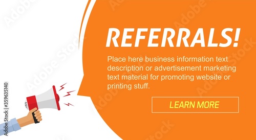 Referrals program marketing advertising web banner with loudspeaker information person announcement vector illustration design, concept of affiliate promotion invitation notice poster template