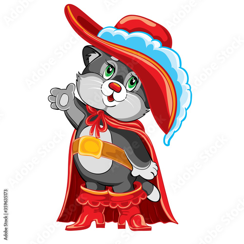 fairy tale character cat in boots in a red cloak and hat with a feather, cartoon illustration, isolated object on a white background, vector illustration,