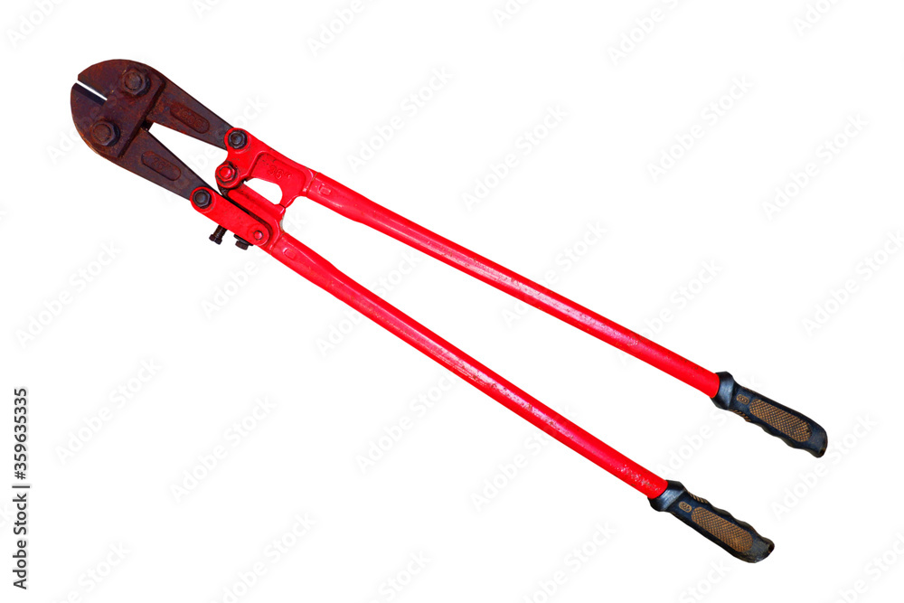 Red big scissors for cutting steel bars on a white background. Red big scissors for cutting steel bars on a white background.