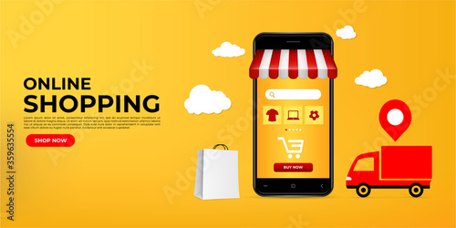 Realistic shopping online design with smartphone. online shopping on websites or mobile applications concepts perfect for marketing, promotion and digital marketing. 