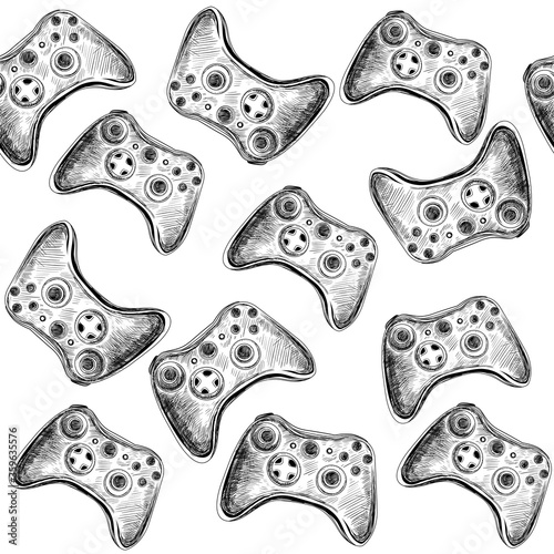 Hand draw sketch  illustration with a joystick for playing on a white background seamless pattern