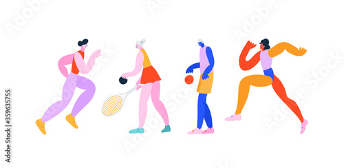 Colorful illustration set in vector. Collection of athletes. Running  tennis  volleyball. Depiction of sportsmen - girls and boy. Sport  activity  fitness.