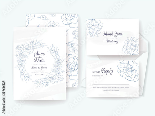 Elegant wedding invitation card template set with floral wreath, border, patt...