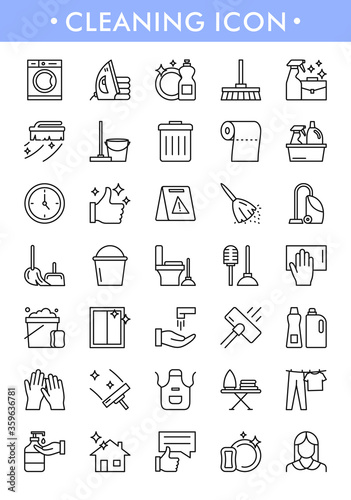 Disinfection line icons. Vector icon set of cleaning service, housekeeping service, disinfection, personal hygiene and laundry. Service concept for website, pictograms, coronavirus protection banner.