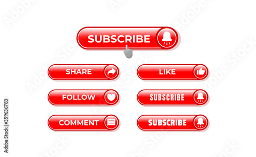 Subscribe Button Template. Share, Follow, Comment, Like Suitable For Channel Video, Blog, Social Media Marketing. Vector Illustration