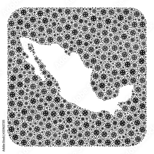 Pandemic virus map of Mexico collage designed with rounded square and hole. Vector map of Mexico collage of pandemic virus items in different sizes and gray color tinges.