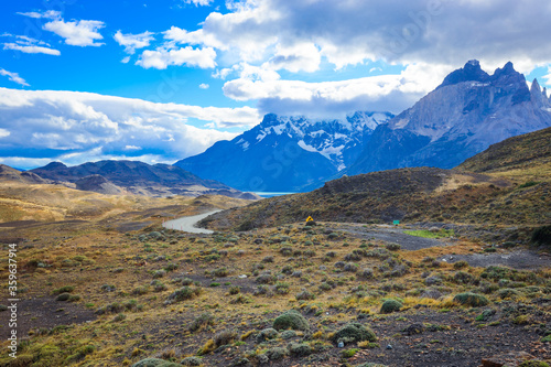 Long Beautiful Road to the Mountains in the Torres Del Paine National Park  Chile 