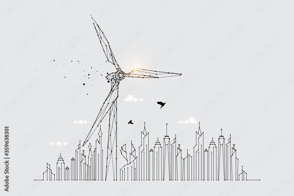 The particles, geometric art, line, and the dot of the wind turbine ...