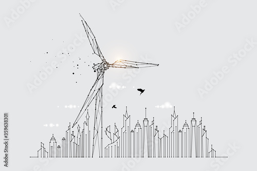 The particles, geometric art, line, and the dot of the wind turbine