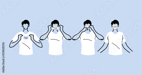 how to wear a mask correct, men presenting the correct method of wearing a medical mask