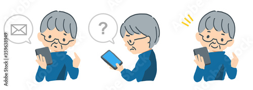 スマートフォンを操作するお年寄りのベクターイラスト