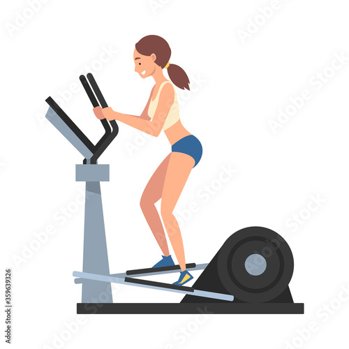 Sportive Woman Training on Elliptical Machine Vector Illustration