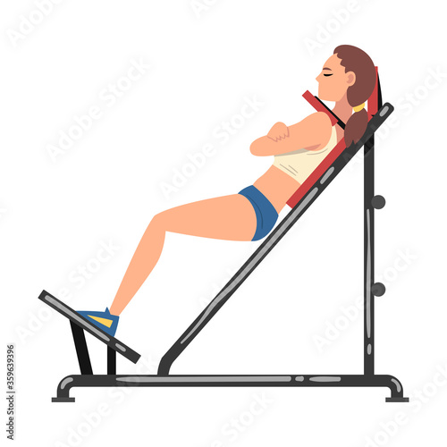 Woman Training on Shoulder Press Machine Vector Illustration