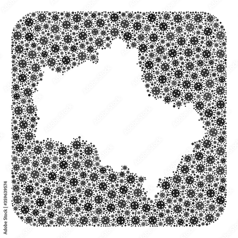 Covid map of Moscow Region collage designed with rounded square and carved shape. Vector map of Moscow Region collage of covid-2019 items in different sizes and gray shades. Covid map of Moscow Region collage designed with rounded square and carved shape. Vector map of Moscow Region collage of covid-2019 items in different sizes and gray shades.