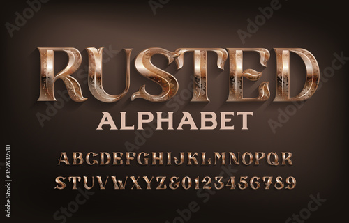 Rusted alphabet font. Ancient scratched metal letters and numbers. Stock vector typescript for your design.