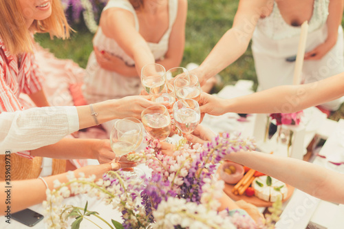 Group of young women enjoying a summer picnic with tasty food and white wine. Cheers. Birthday celebration or hen-party. Friendship and fun, Flowers decoration. Cut view and selective focus