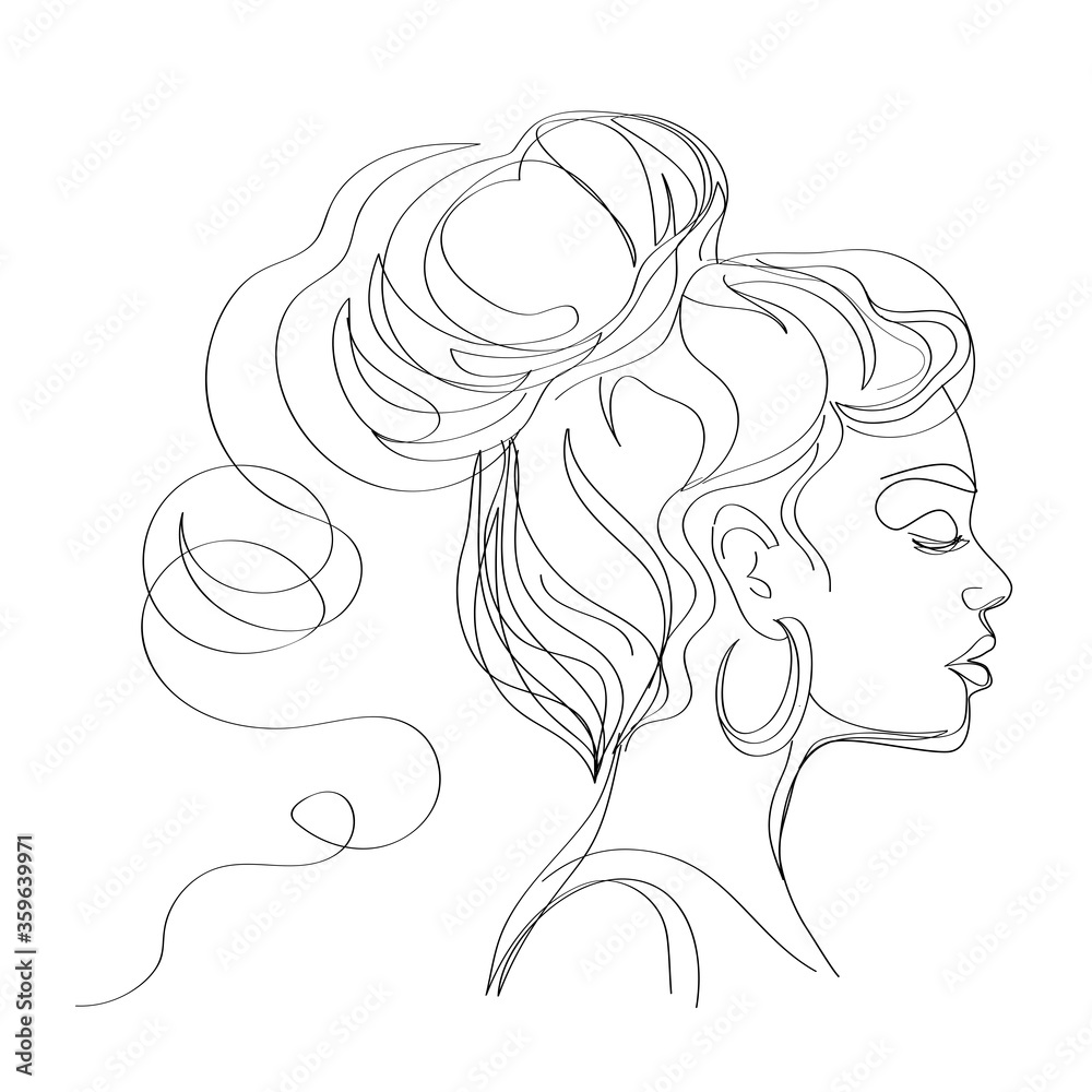 Portrait of a girl in profile in a trendy style with one line on a white background. Mental health therapy