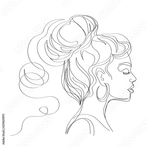 Portrait of a girl in profile in a trendy style with one line on a white background. Mental health therapy