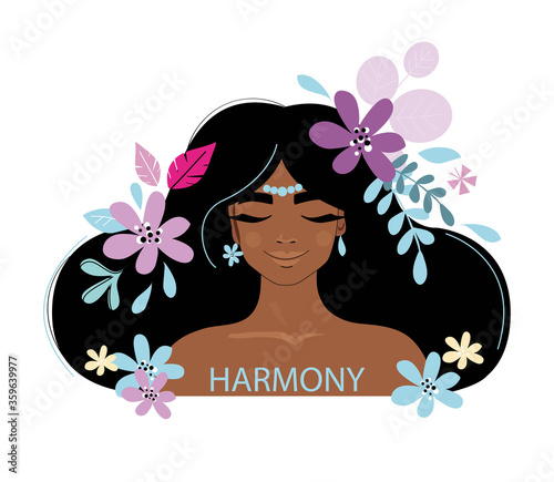 Beautiful afro american girl with flowers in her hair and the inscription harmony. The concept of mental health therapyBeautiful afro american girl with flowers in her hair and the inscription harmony