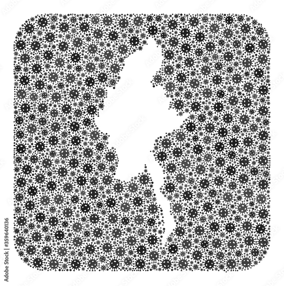 SARS virus map of Myanmar mosaic formed with rounded square and subtracted shape. Vector map of Myanmar mosaic of virus particles in different sizes and grey color hues. SARS virus map of Myanmar mosaic formed with rounded square and subtracted shape. Vector map of Myanmar mosaic of virus particles in different sizes and grey color hues.