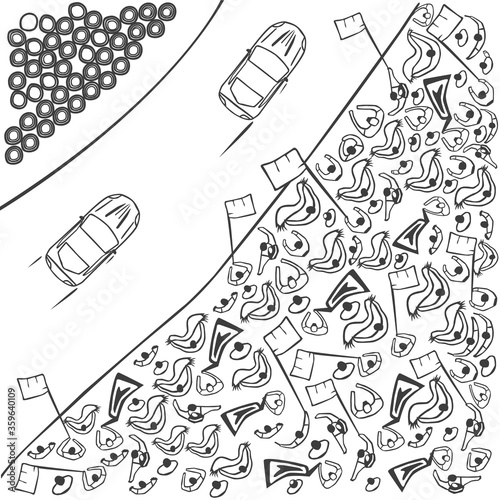 Crowd of race fans standing behind the fence of a track watching competition. Vector outline illustration. photo