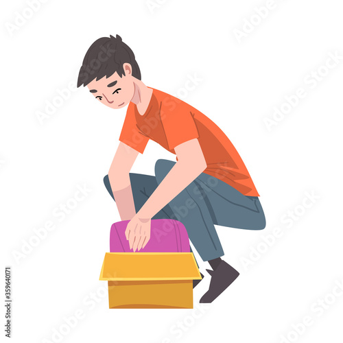 Young Man Squatting and Packing Cardboard Box Preparing Goods For Dispatch Cartoon Vector Illustration