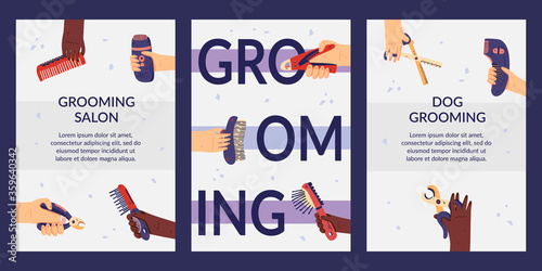 Set of grooming cards templates flat vector illustration. Web banners with groomer hands and tools for pet care salon advertising. For social network posts and stories, promo poster, coupon.
