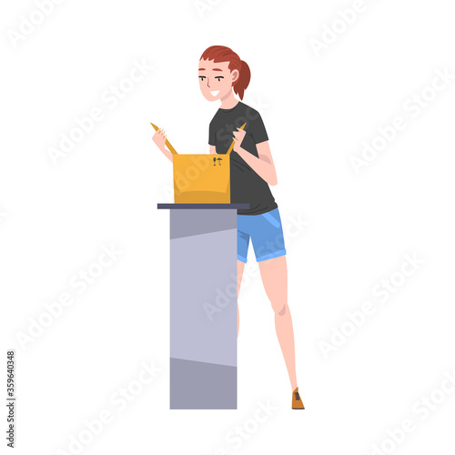 Girl Packing Cardboard Box Preparing Goods For Dispatch Cartoon Vector Illustration
