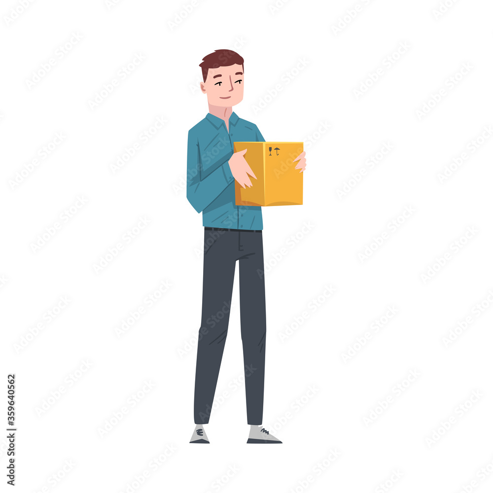 Guy Carrying Cardboard Box, Young Man Received Parcel or Relocating to New Apartment Cartoon Vector Illustration