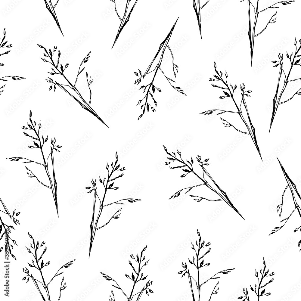 Capsella seamless pattern in black and white. Capsella sketch on a white background. For packaging bread, baking, natural cosmetics, Ayurvedic cosmetics