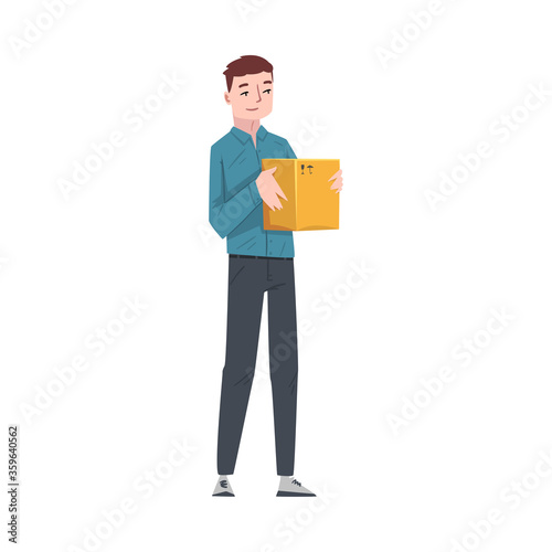 Guy Carrying Cardboard Box, Young Man Received Parcel or Relocating to New Apartment Cartoon Vector Illustration © topvectors